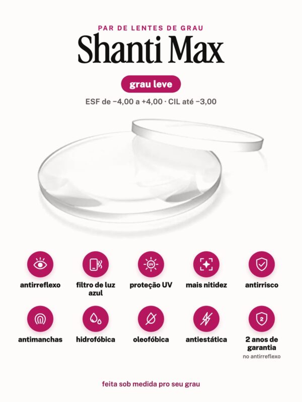 Par de lentes Shanti Max grau leve: antirreflexo, filtro de luz azul, proteção UV, mais nitidez, antirrisco, antimanchas, hidrofóbica, oleofóbica, antiestática e 2 anos de garantia no antirreflexo