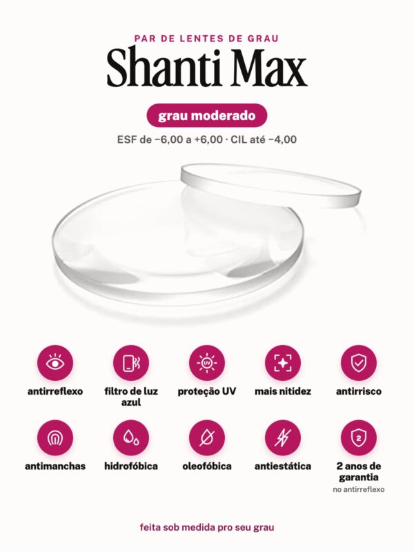 Par de lentes Shanti Max grau moderado: antirreflexo, filtro de luz azul, proteção UV, mais nitidez, antirrisco, antimanchas, hidrofóbica, oleofóbica, antiestática e 2 anos de garantia no antirreflexo