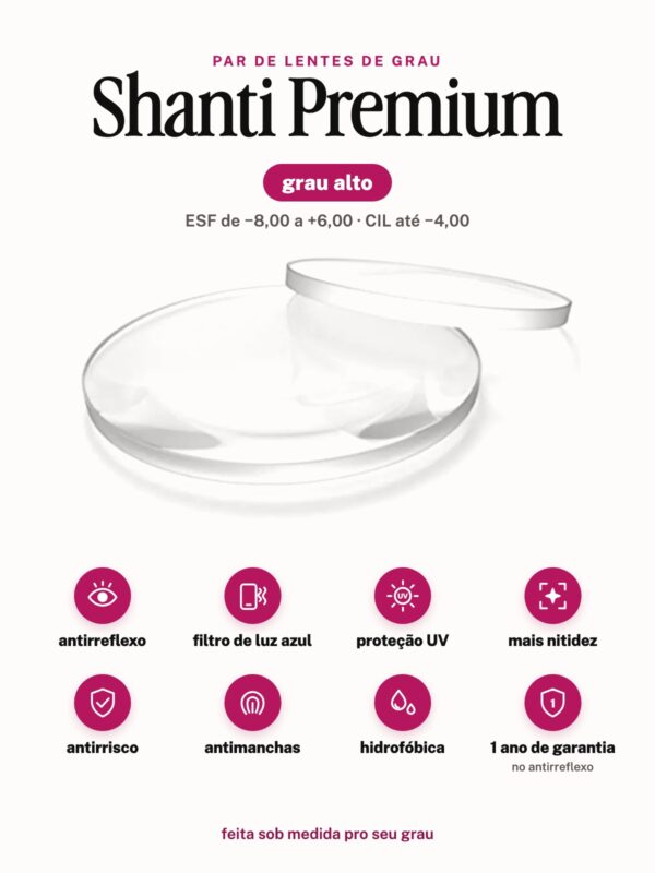 Par de lentes Shanti Premium grau alto: antirreflexo, filtro de luz azul, proteção UV, mais nitidez, antirrisco, antimanchas, hidrofóbica e 1 ano de garantia no antirreflexo