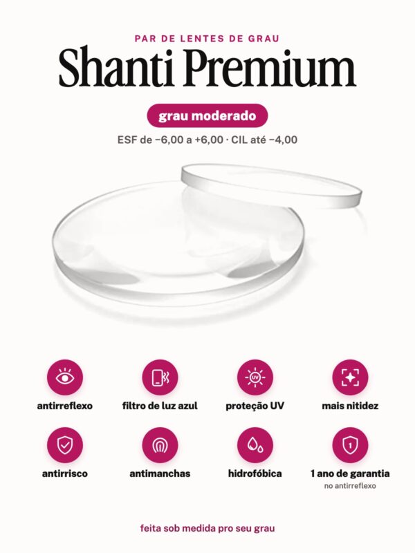 Par de lentes Shanti Premium grau moderado: antirreflexo, filtro de luz azul, proteção UV, mais nitidez, antirrisco, antimanchas, hidrofóbica e 1 ano de garantia no antirreflexo